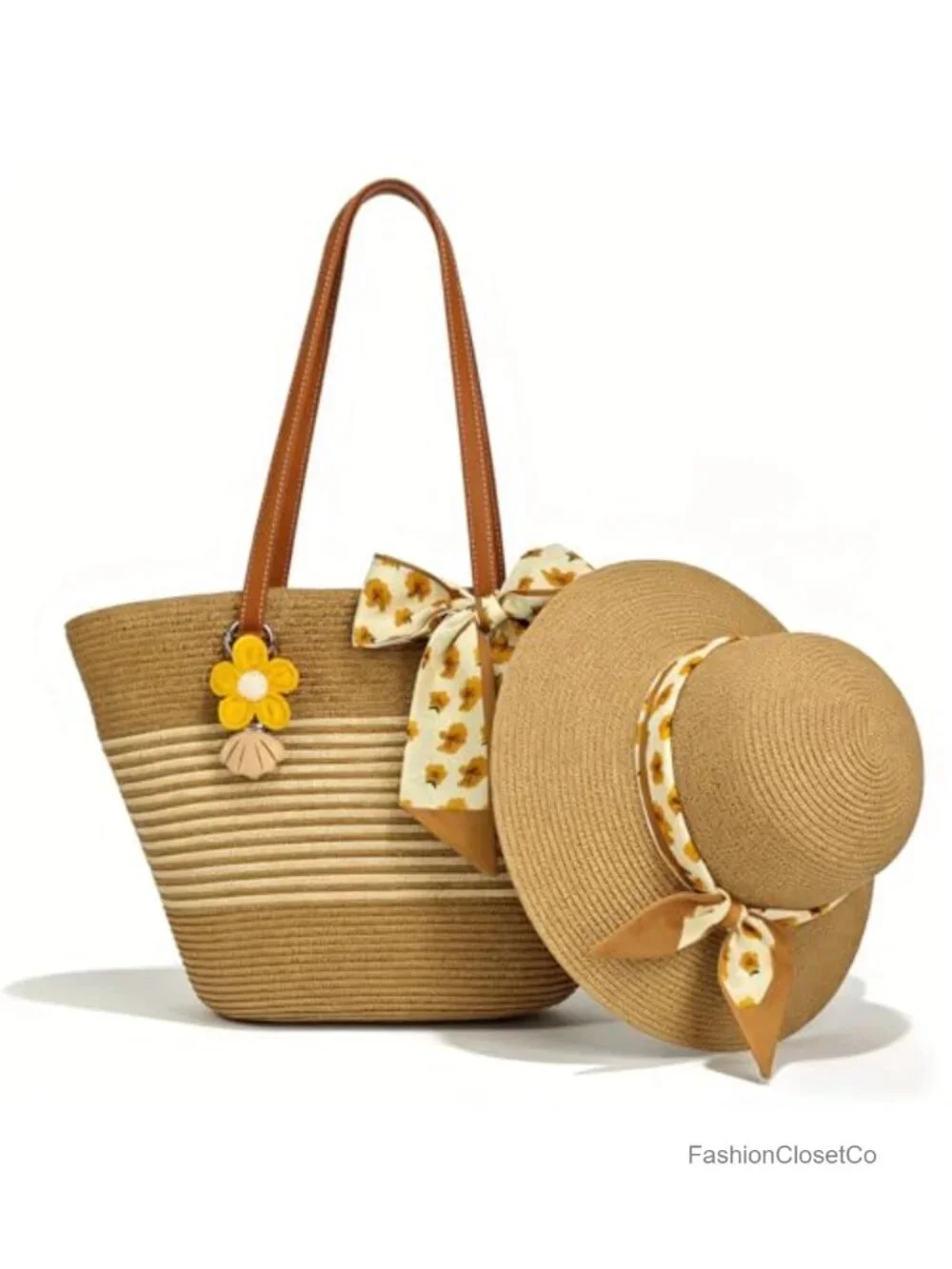 Straw Wide Brim Sun Hat and Woven Tote Bag Set with Hat Clip